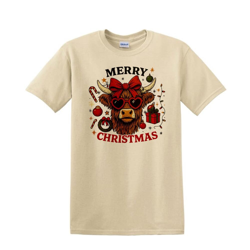 Women Christmas Shirt Merry Christmas Cows With Bow Unisex